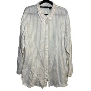 Chicos 100% Linen Button Up Shirt White Rainbow Striped Size‎ 3 Preppy Collared
